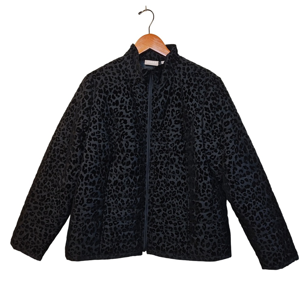 Chico's Quilted Puffer Jacket Womens L Black Flocked Leopard Animal Print Zip